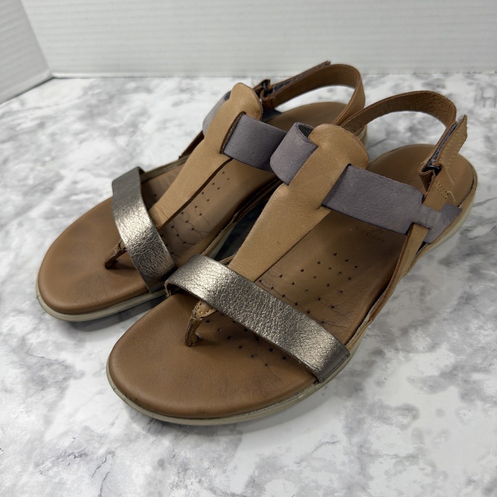 ECCO Flash Strappy Sandal Flat T-Strap Women's 7 Tan &Gray Leather Comfort